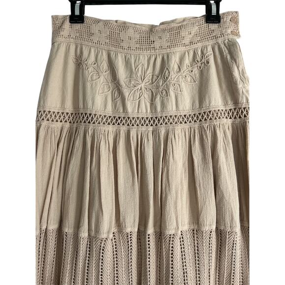 Scully Medium Peruvian Cotton Crocheted Floral Embroidered Frayed Hem Maxi Skirt - Picture 2 of 7